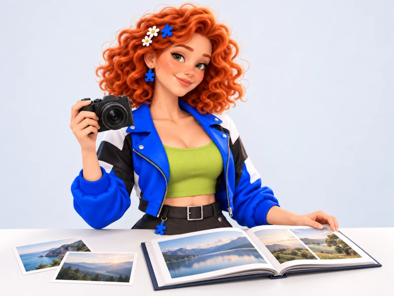 Искра с фотоаппаратом рядом с открытым фотоальбомом